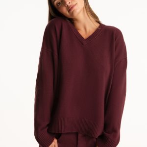 SET X PARKE COTTON V-NECK SWEATER - RHUBARB