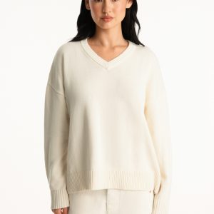 SET X PARKE COTTON V-NECK SWEATER - CREAM